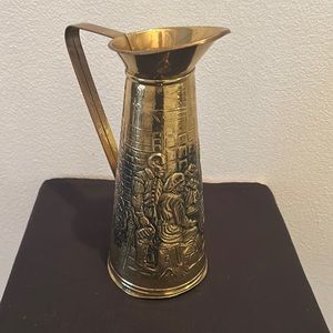 9.5” Elpec antique, vintage, brass, embossed pitcher.